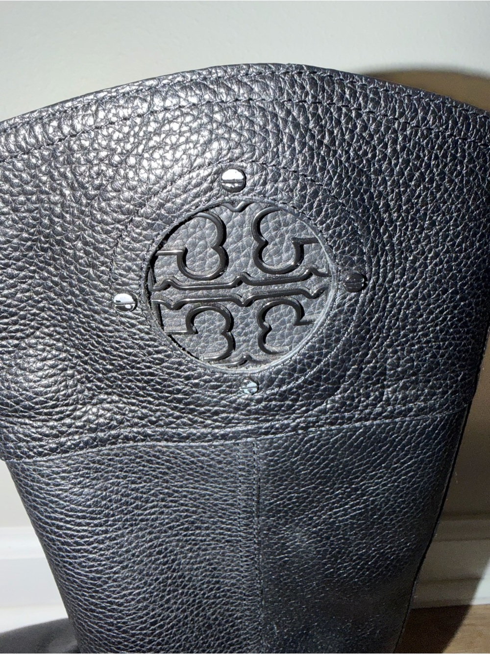 Tory Burch Black Pebbled Leather Logo Equestrian Style Boots